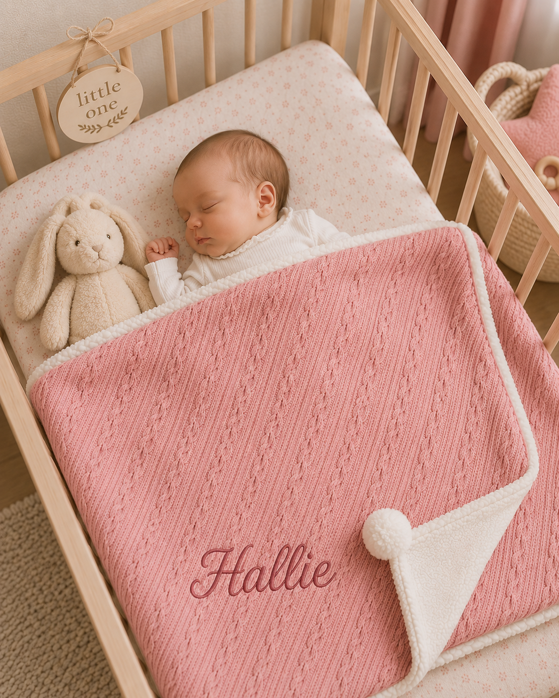 Personalised Spanish Baby Blanket | Cable Knit Pom Pom Sherpa