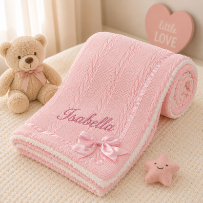Pink baby blanket with embroidered name, teddy bear, and star plush toy on a beige surface.