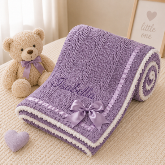 Purple baby blanket with embroidered name, teddy bear, and heart on a beige surface.