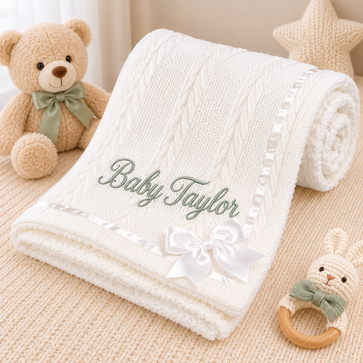 White baby blanket with 'Baby Taylor' embroidery, teddy bear, and teething ring on a beige surface.