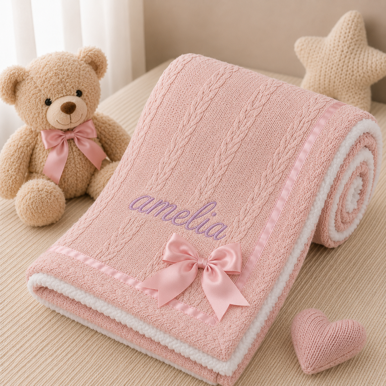 Pink baby blanket with embroidered name, teddy bear, and heart toy on a beige surface