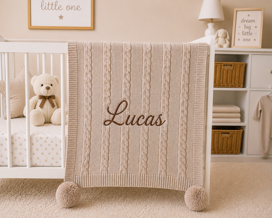 Beige cable knit blanket with 'Lucas' embroidered on a crib in a nursery.