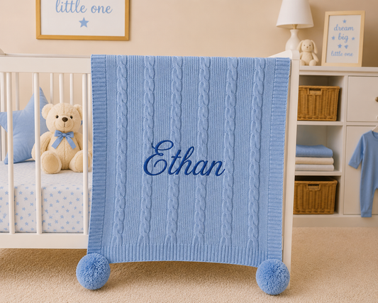 Personalised Spanish Knitted Pom Pom Blanket Blue | PREORDER