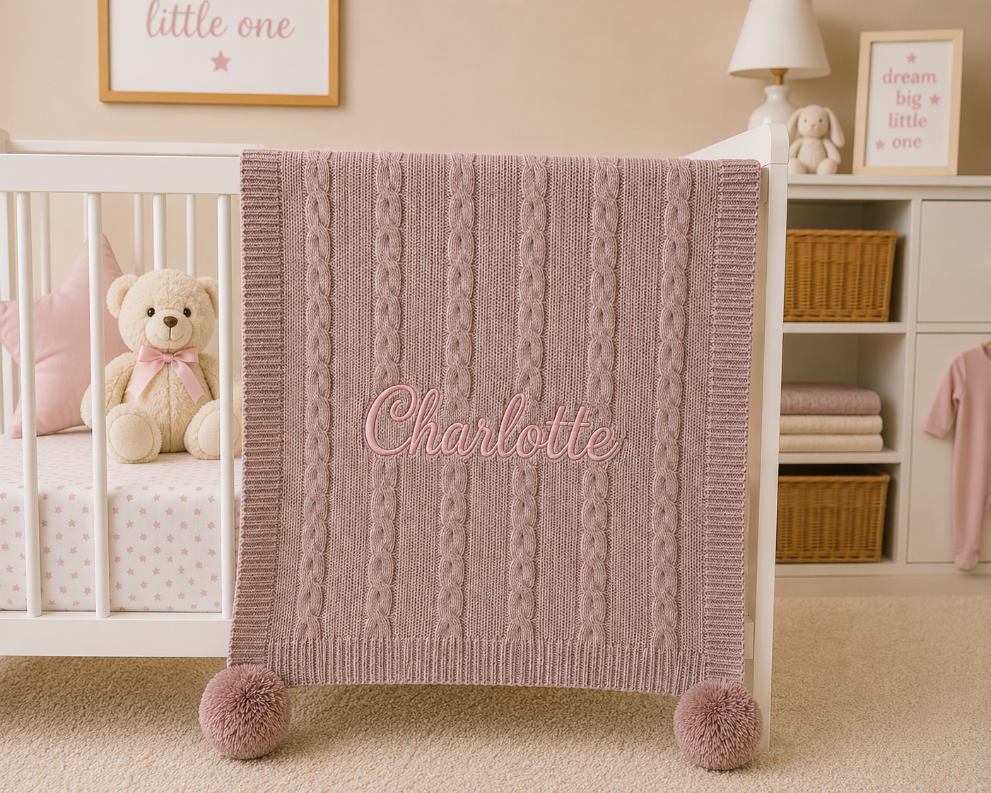Pink cable knit blanket with 'Charlotte' on a crib in a nursery.