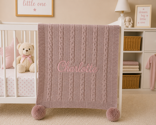 Pink cable knit blanket with 'Charlotte' on a crib in a nursery.