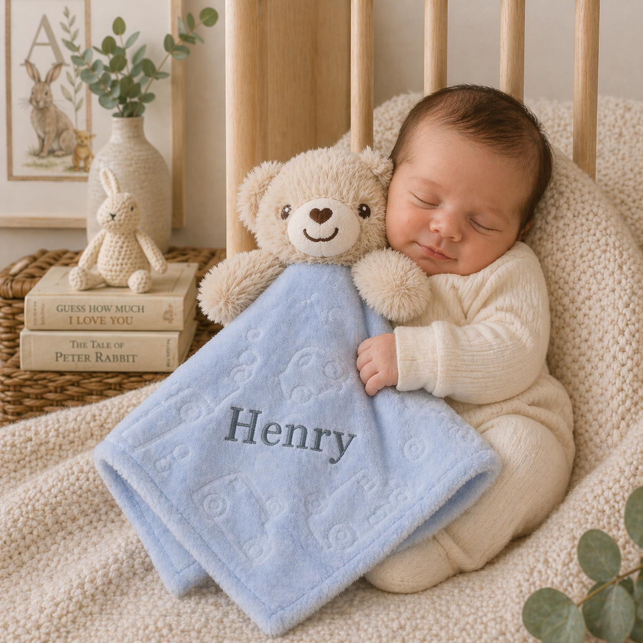 Baby sleeping in a crib with a teddy bear and personalized blue blanket