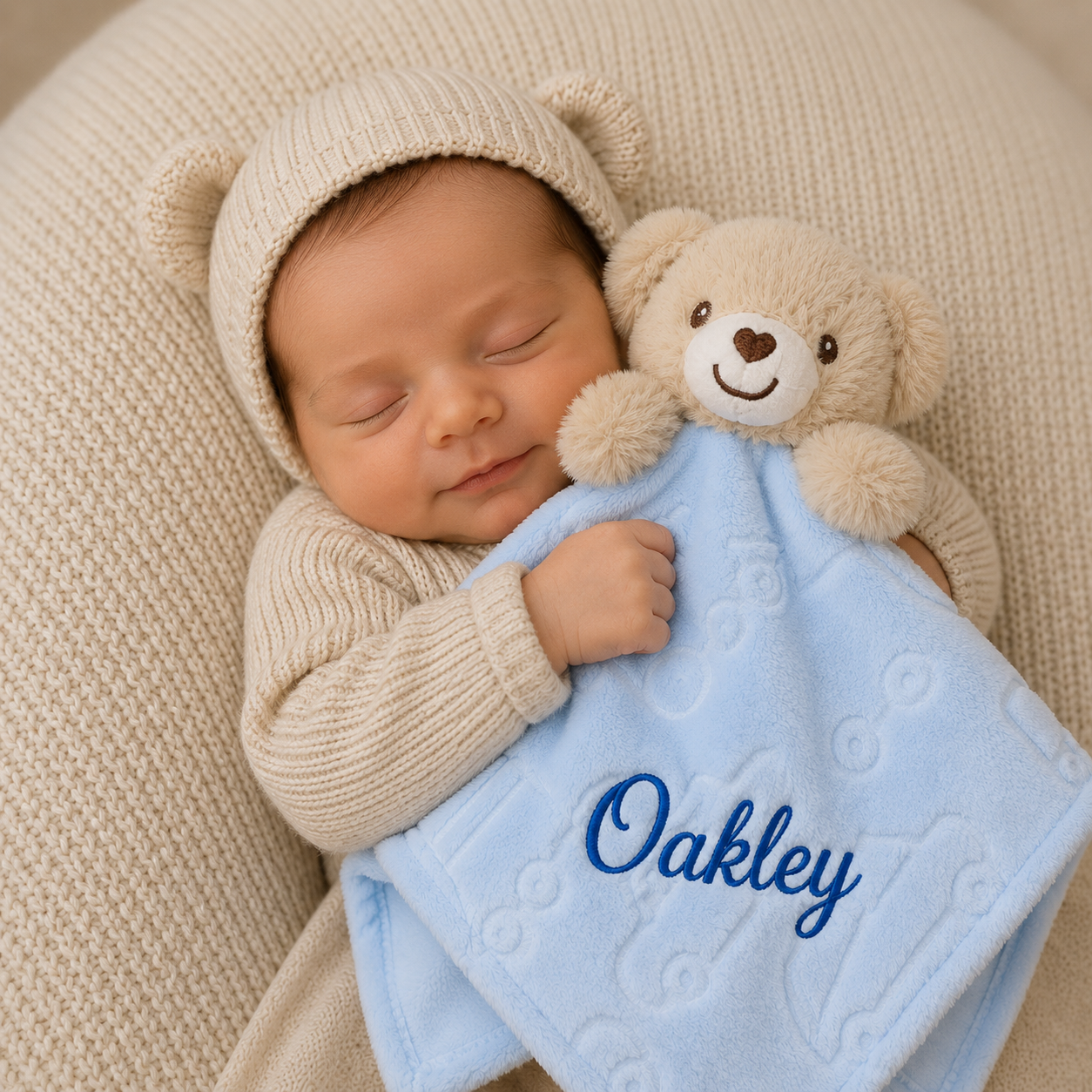 Newborn baby in a beige outfit with a teddy bear and a blue blanket with 'Oakley' embroidered on it, all on a beige surface.