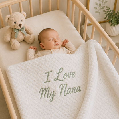 A cosy newborn tucked into a wooden crib under a personalised white bubble blanket embroidered with "I Love My Nana" in sage green. A heartwarming keepsake blanket and special gift from Nana.