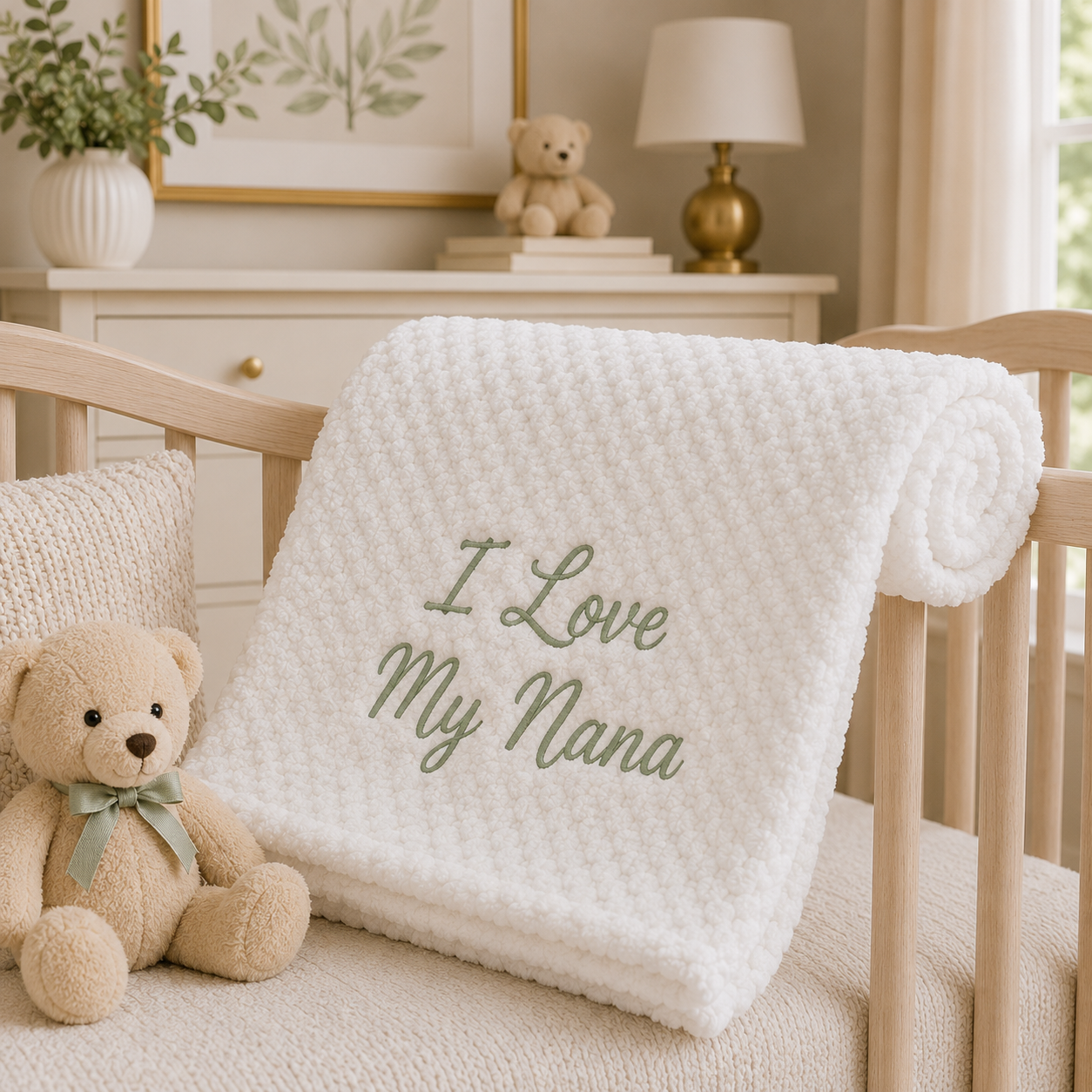 Soft white bubble baby blanket embroidered with "I Love My Nana" in sage green, beautifully styled over a wooden crib in a neutral nursery. A thoughtful keepsake gift for a new baby, baby shower or Nana.