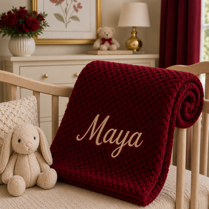 Soft Burgundy bubble baby blanket embroidered with "Maya" in Gold, beautifully styled over a wooden crib in a neutral nursery. A thoughtful keepsake gift for a new baby, baby shower or Nana.