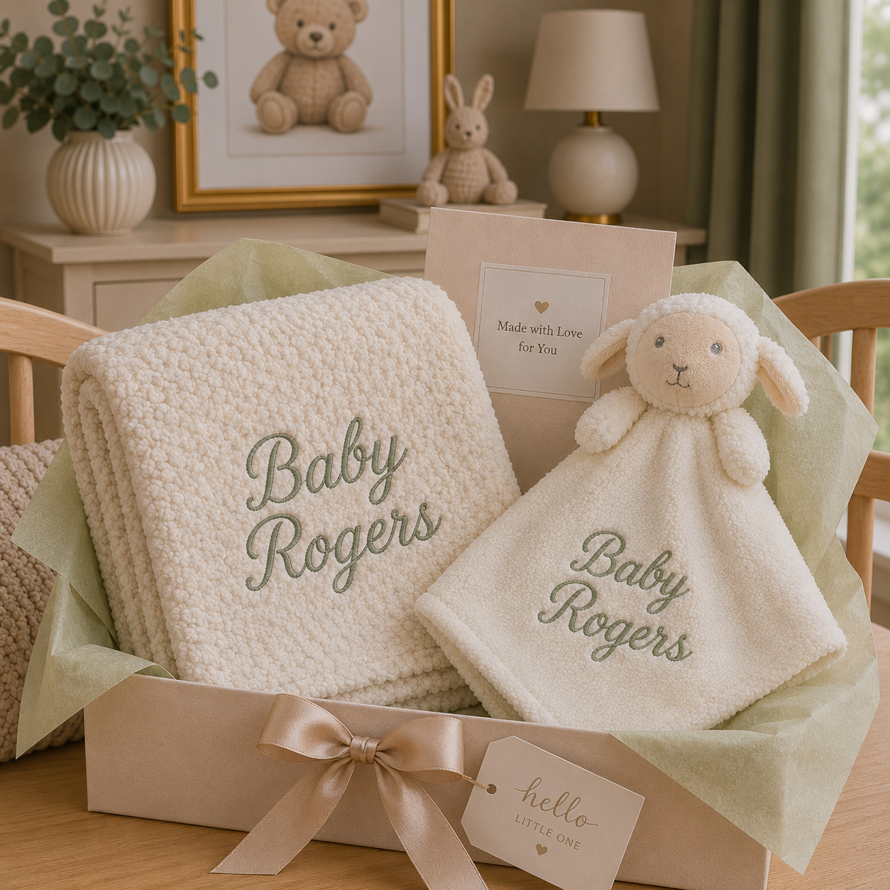 Personalised cream bubble blanket and fluffy lamb comforter baby gift box embroidered with Baby Rogers
