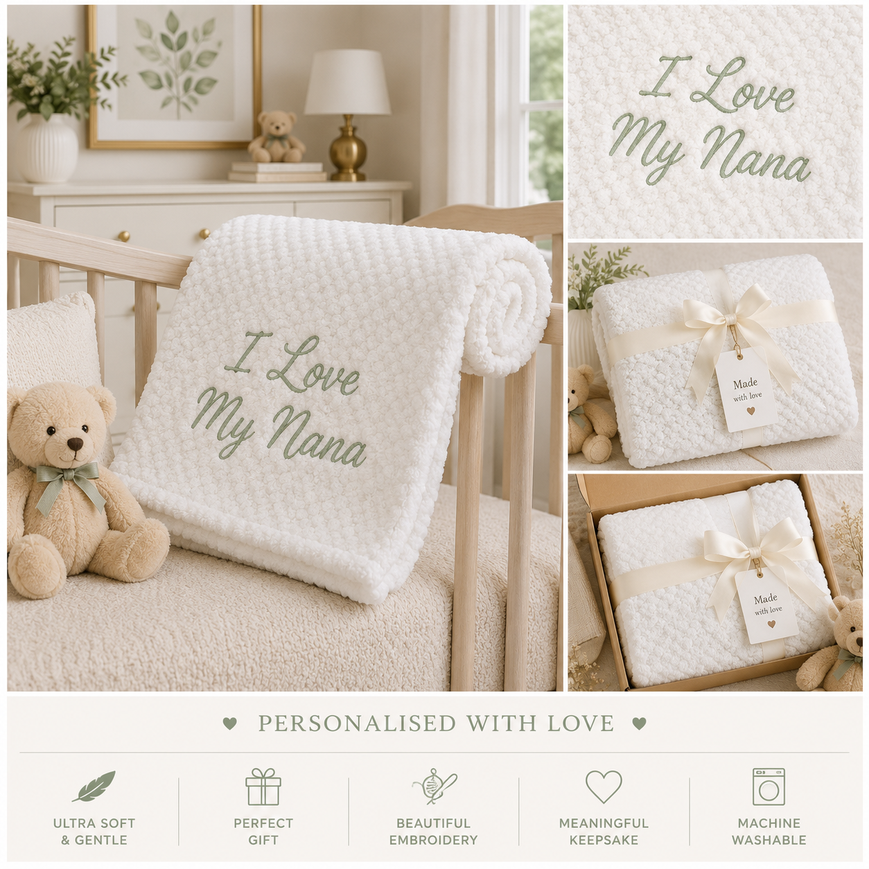 Premium personalised white bubble blanket embroidered with "I Love My Nana" in sage green. Soft, cosy and beautifully presented with nursery, close-up embroidery and gift box lifestyle images. A meaningful keepsake gift for babies and proud Nanas.