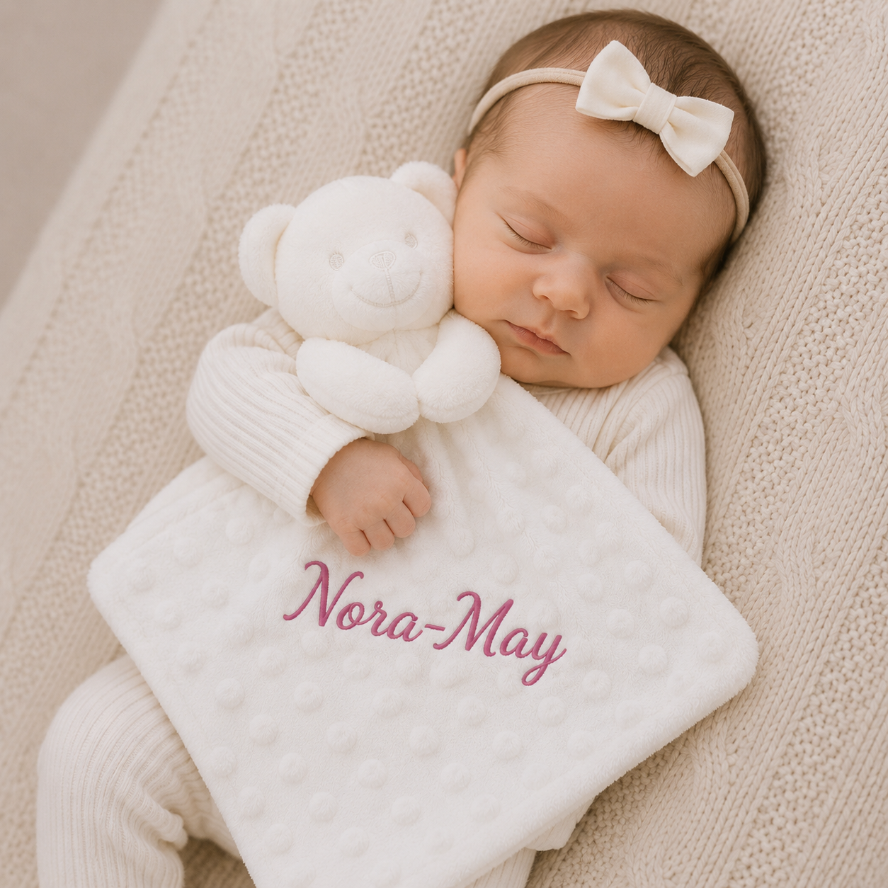 Newborn baby sleeping with a white teddy bear and personalized blanket on a beige surface