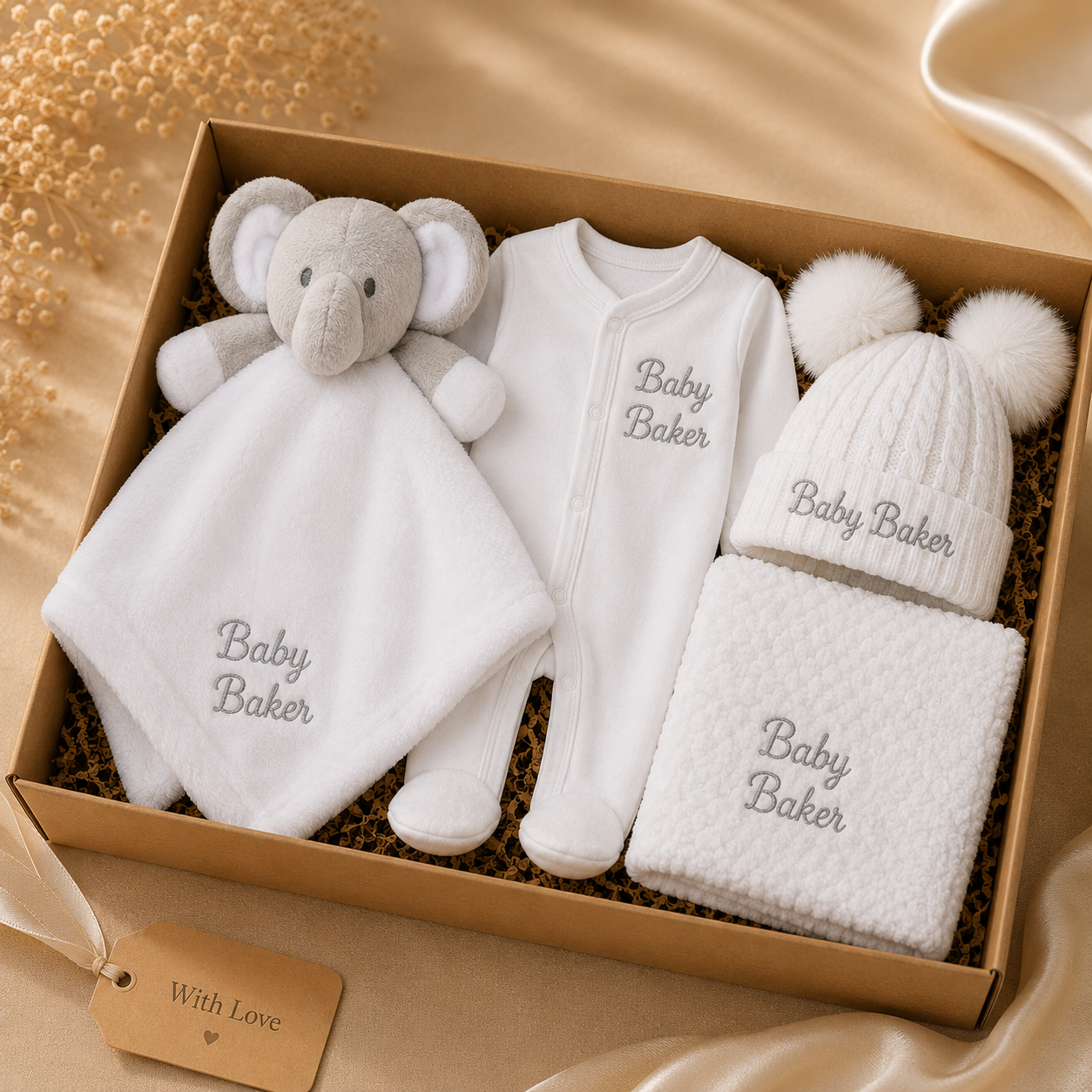 Baby gift set with elephant comfort toy, outfit, hat, and blanket in a box with 'Baby Baker' branding.