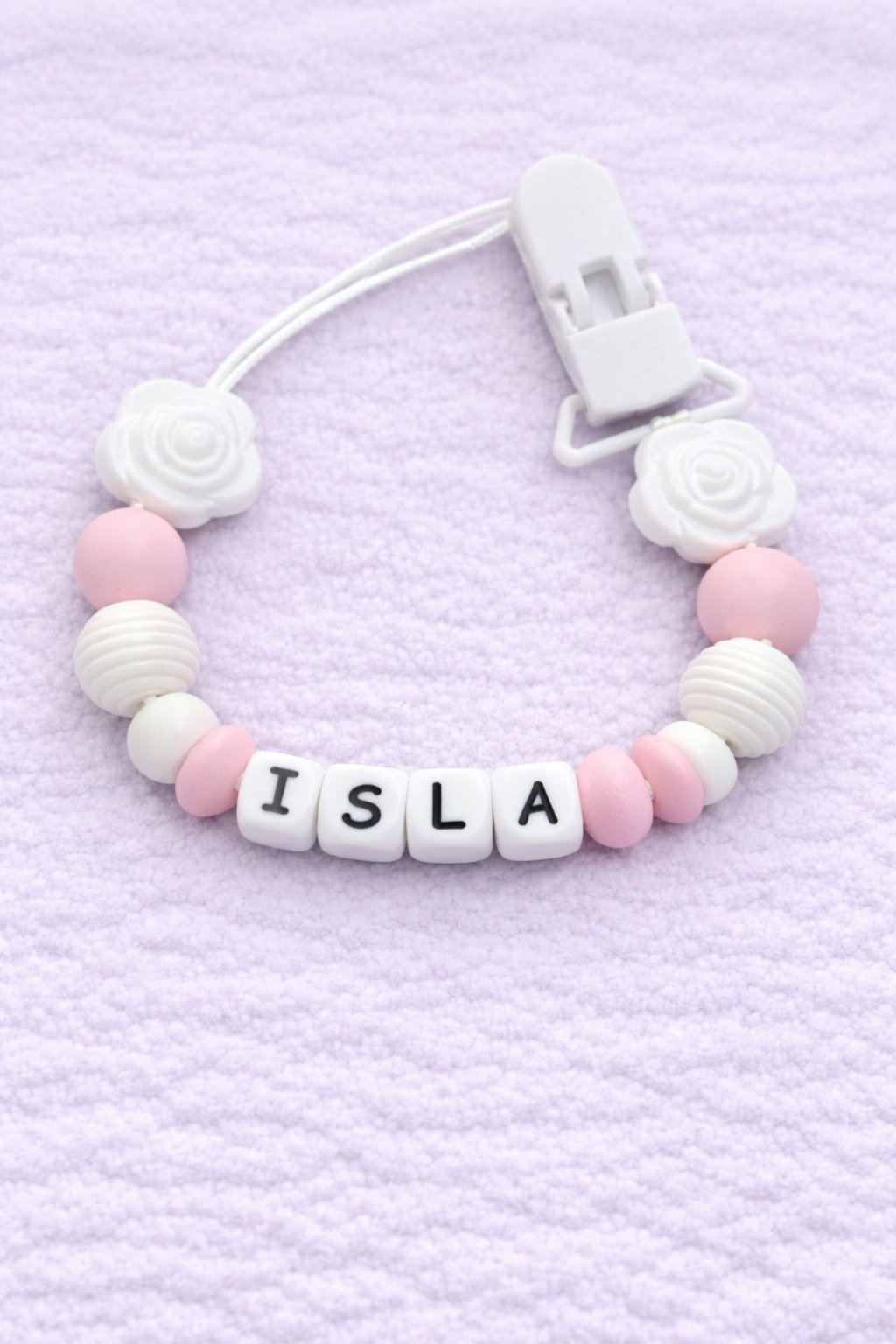 Personalised White Rose Flower Dummy Clip (Silicone Letter Design)