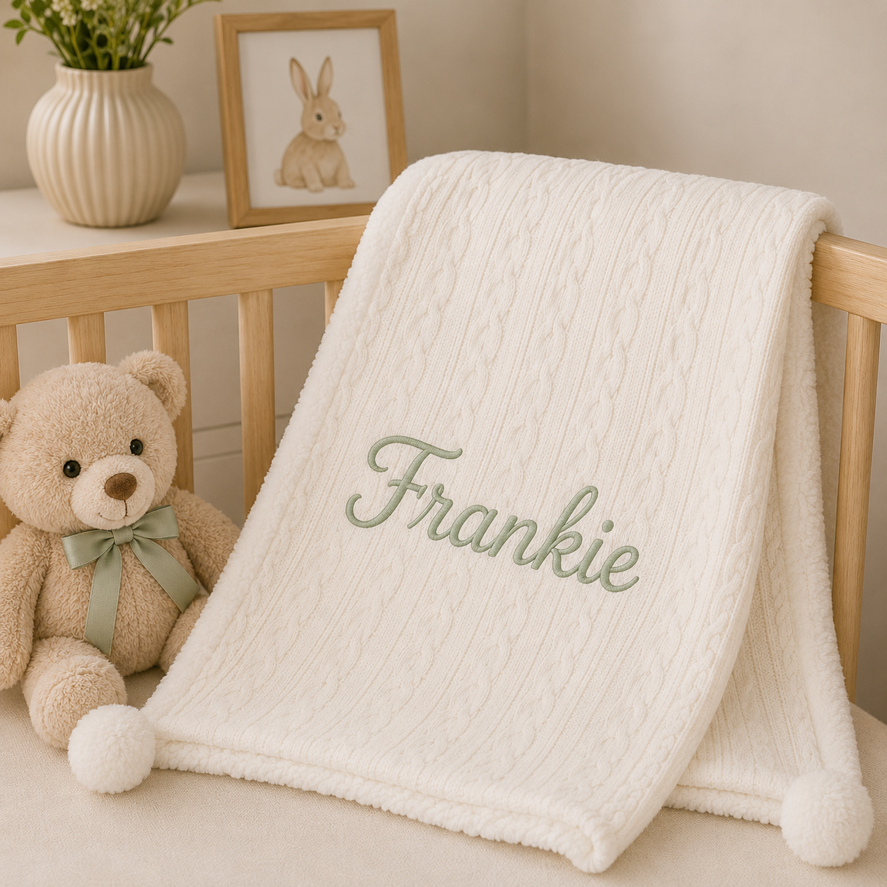 A cream-colored personalized baby blanket with a cable knit top and plush bottom, featuring the name 'Frankie' embroidered in sage green script. The blanket is draped over a light wood crib in a nursery setting, styled with a teddy bear and a small framed picture.