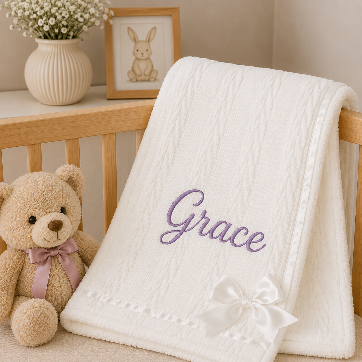 A white textured baby blanket draped over a wooden crib, personalized with purple embroidered script reading 'Grace' and a white bow. A plush teddy bear with a pink bow sits beside it, with a cream vase of flowers and a framed bunny picture on a shelf in the background.
