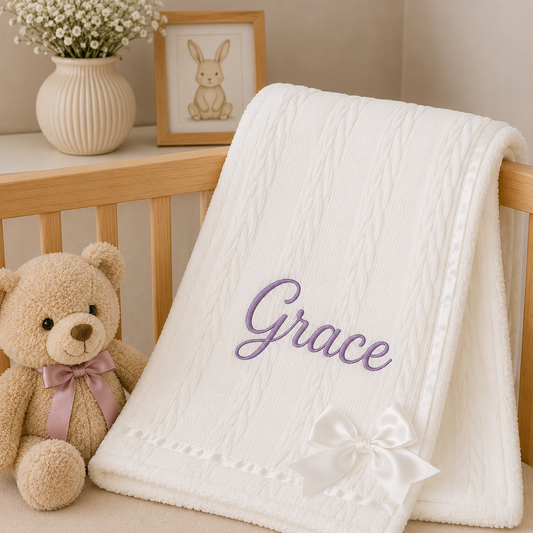 A white textured baby blanket draped over a wooden crib, personalized with purple embroidered script reading 'Grace' and a white bow. A plush teddy bear with a pink bow sits beside it, with a cream vase of flowers and a framed bunny picture on a shelf in the background.