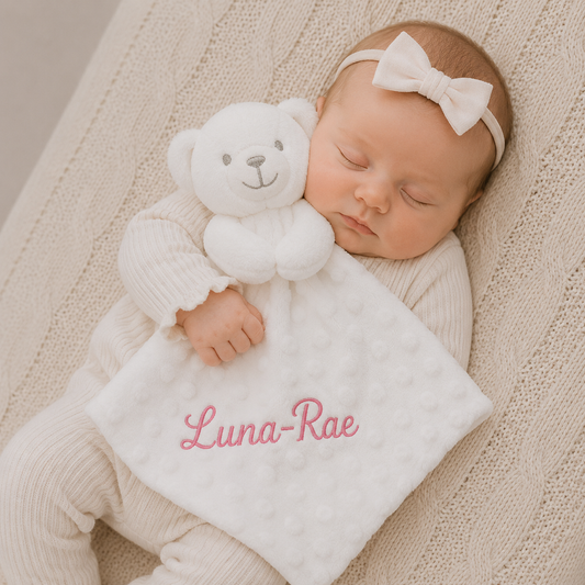 Newborn baby sleeping with a white teddy bear and personalized blanket on a textured surface