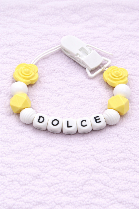 Personalised Yellow Rose Flower Dummy Clip (Silicone Letter Design)