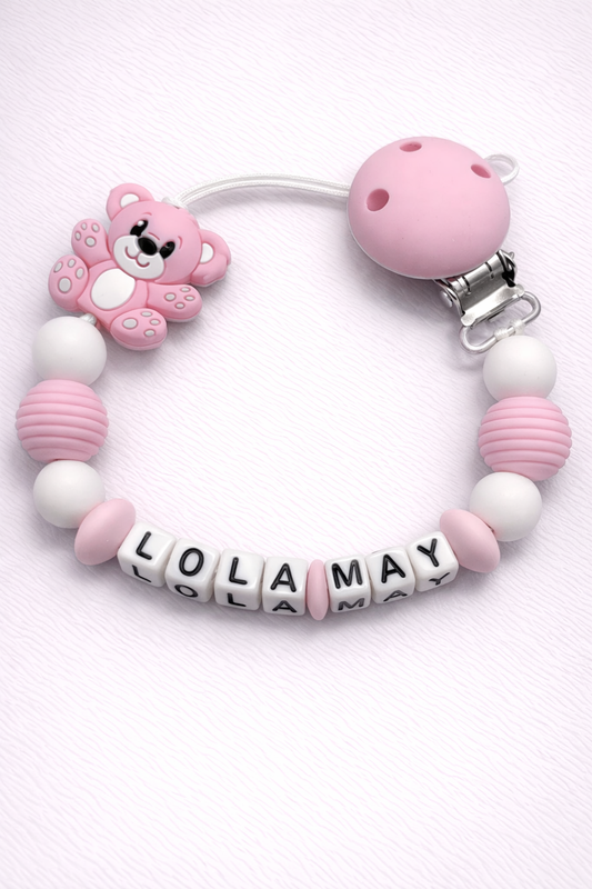 pink and white teddybear dummy clip