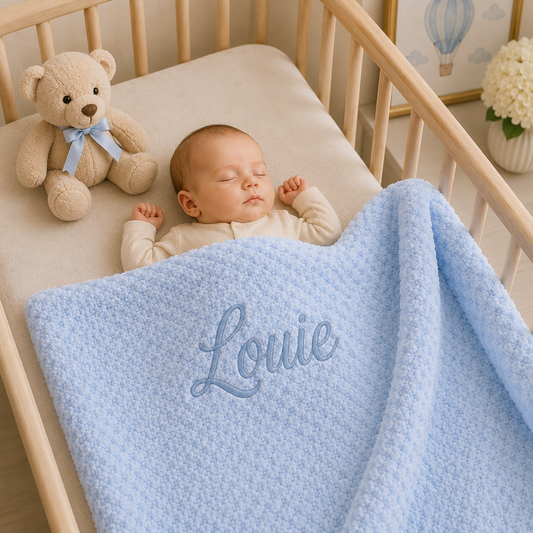 A sleeping baby in a wooden crib under a light blue textured blanket with the name 'Louie' embroidered in blue script. A beige teddy bear with a blue ribbon sits on the crib mattress next to the baby.