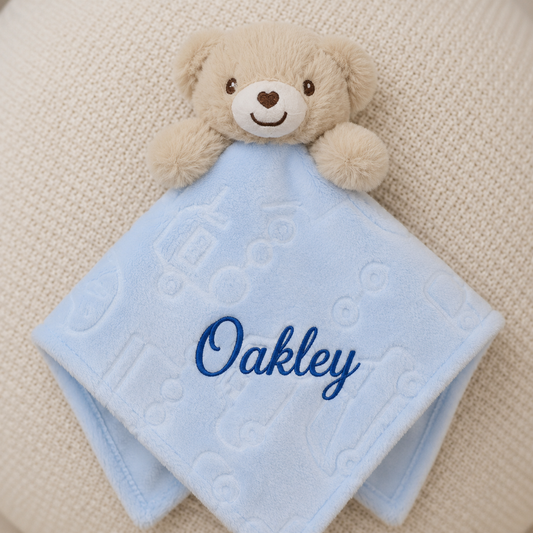 Personalised Teddy Bear Snuggle Blanket | Baby Comforter | Blue