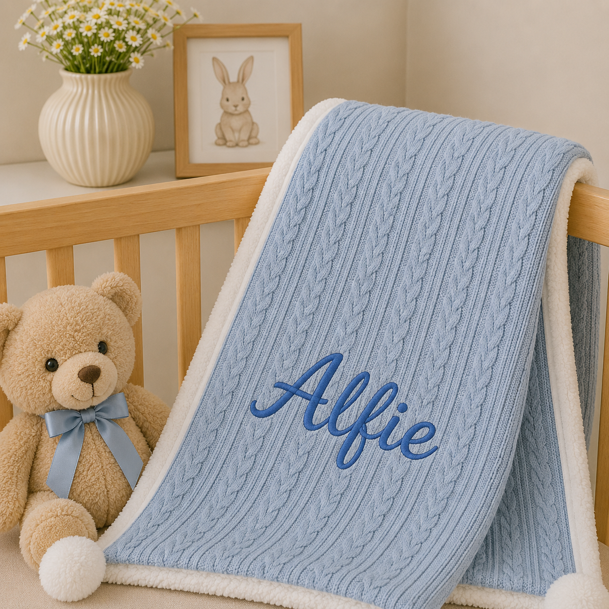 A personalized baby blanket draped over a wooden crib, featuring a light blue cable-knit pattern, a white sherpa border, and the name 'Alfie' embroidered in blue. A teddy bear and a vase of daisies are styled next to it.