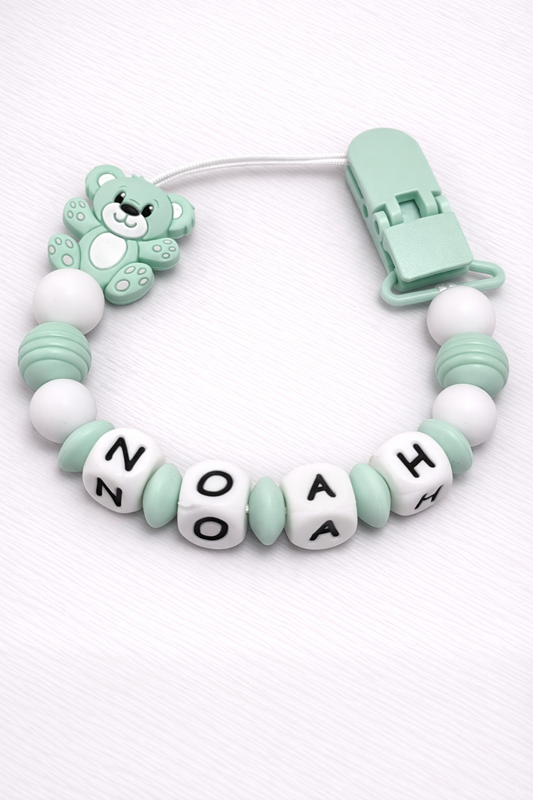 Personalised Teddy Bear Dummy Clip – Mint Green (Silicone Letter Design)
