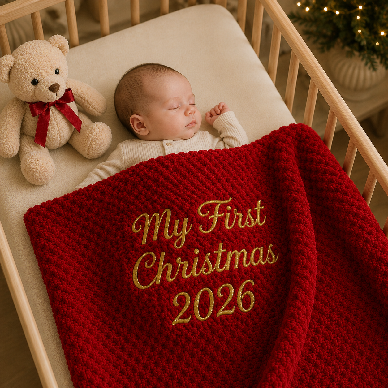 A cosy newborn tucked into a wooden crib under a personalised red bubble blanket embroidered with "My first christmas" in gold. A heartwarming keepsake blanket and special gift from Nana.