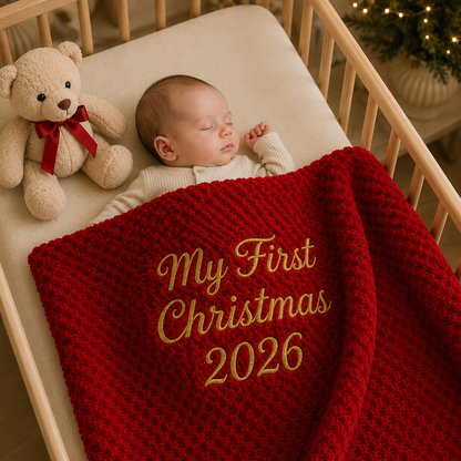 A cosy newborn tucked into a wooden crib under a personalised red bubble blanket embroidered with "My first christmas" in gold. A heartwarming keepsake blanket and special gift from Nana.