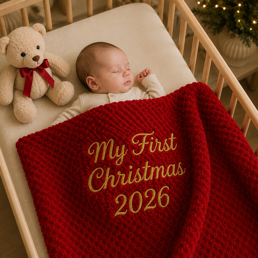 A cosy newborn tucked into a wooden crib under a personalised red bubble blanket embroidered with "My first christmas" in gold. A heartwarming keepsake blanket and special gift from Nana.