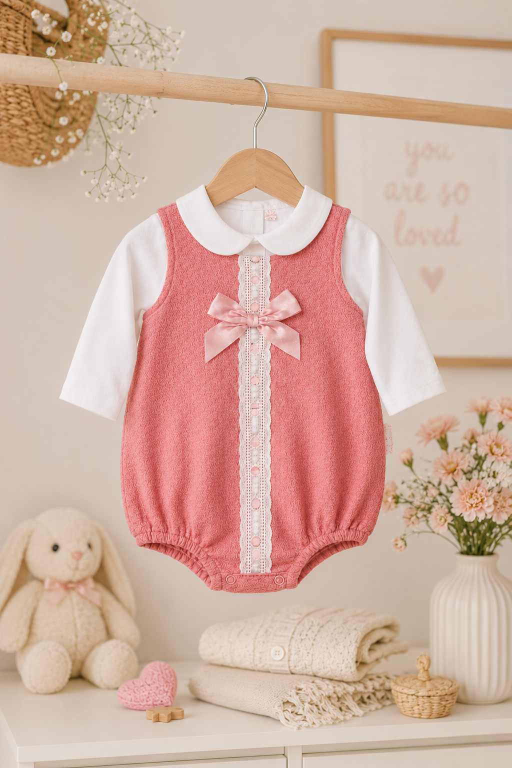 Pink baby romper with white collar and bow tie on a hanger, surrounded by toys and decor.