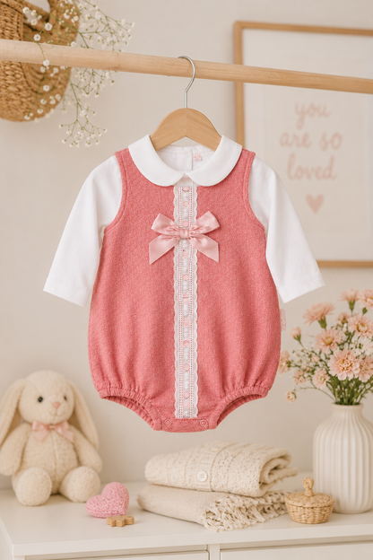 Pink baby romper with white collar and bow tie on a hanger, surrounded by toys and decor.