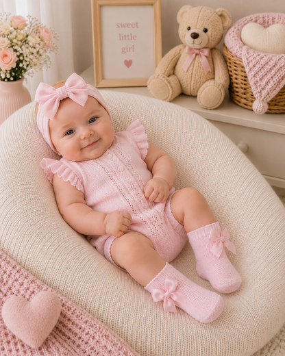 Baby in pink outfit with bow socks sitting on a soft surface, surrounded by teddy bear and decorative items.