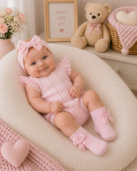 Baby in pink outfit with bow socks sitting on a soft surface, surrounded by teddy bear and decorative items.