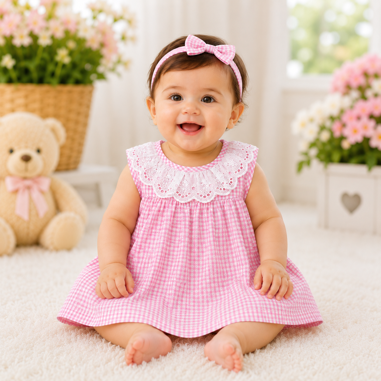 A baby girl sitting on a white fluffy rug, wearing a pink and white gingham dress with a white lace collar and a pink bow headband. A beige teddy bear with a pink bow is on the left, and potted flowers are in the background.
