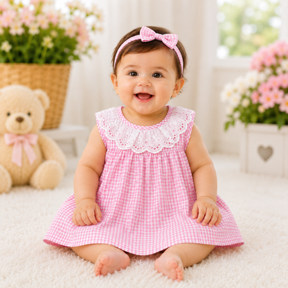 A baby girl sitting on a white fluffy rug, wearing a pink and white gingham dress with a white lace collar and a pink bow headband. A beige teddy bear with a pink bow is on the left, and potted flowers are in the background.