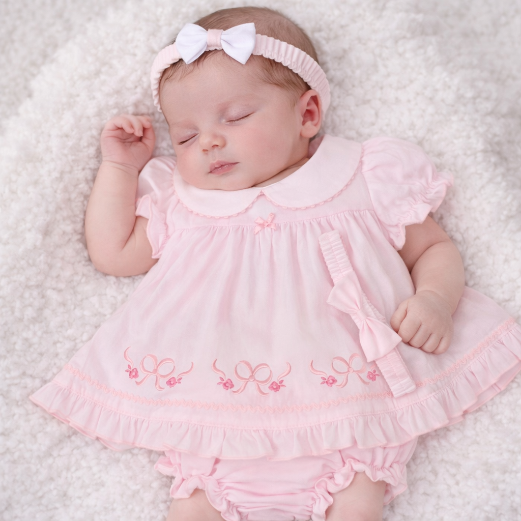 Pink Bow Embroidered Baby Dress Set with Frilly Pants & Headband