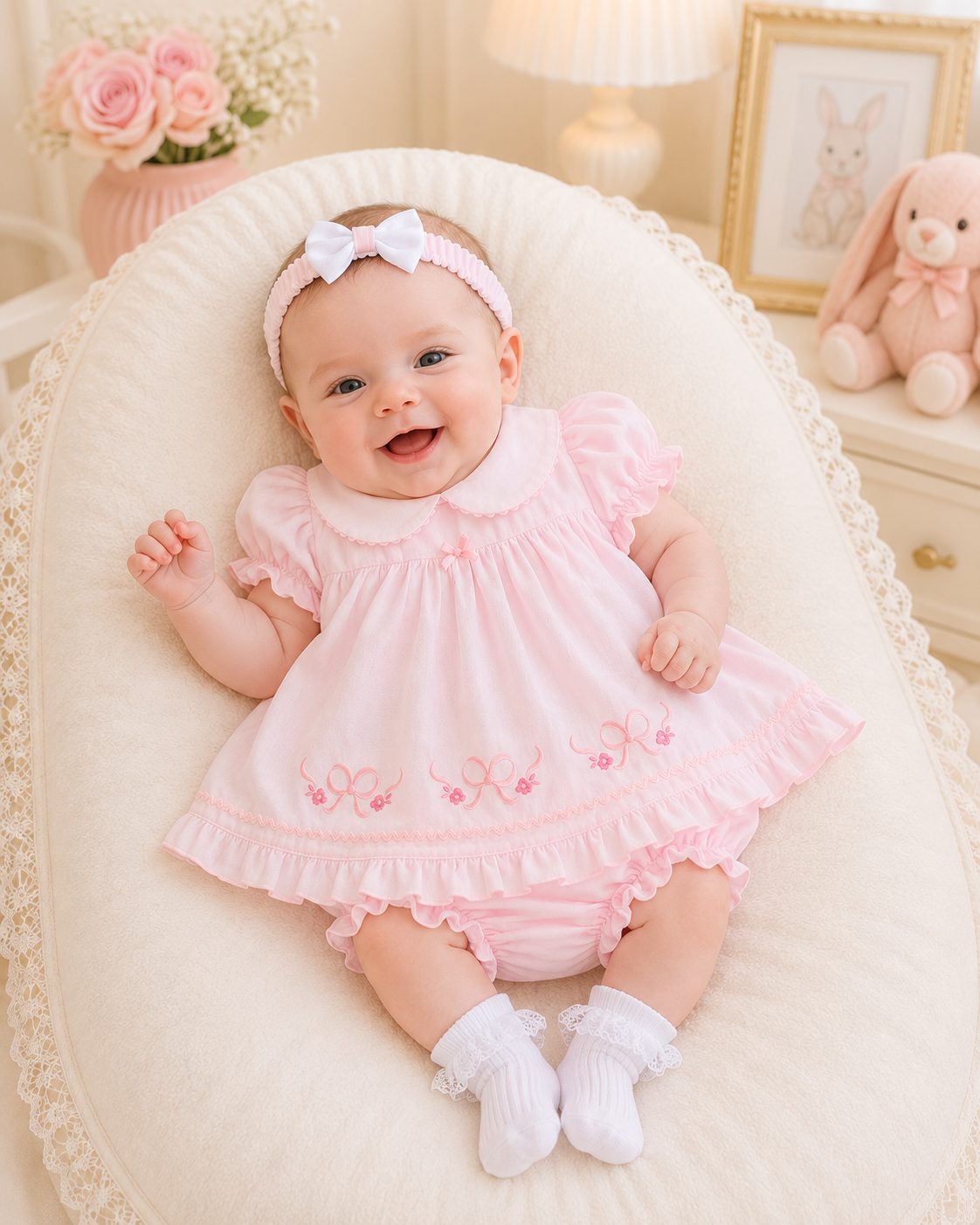 Baby in a pink dress with embroidery sitting on a white cushion.