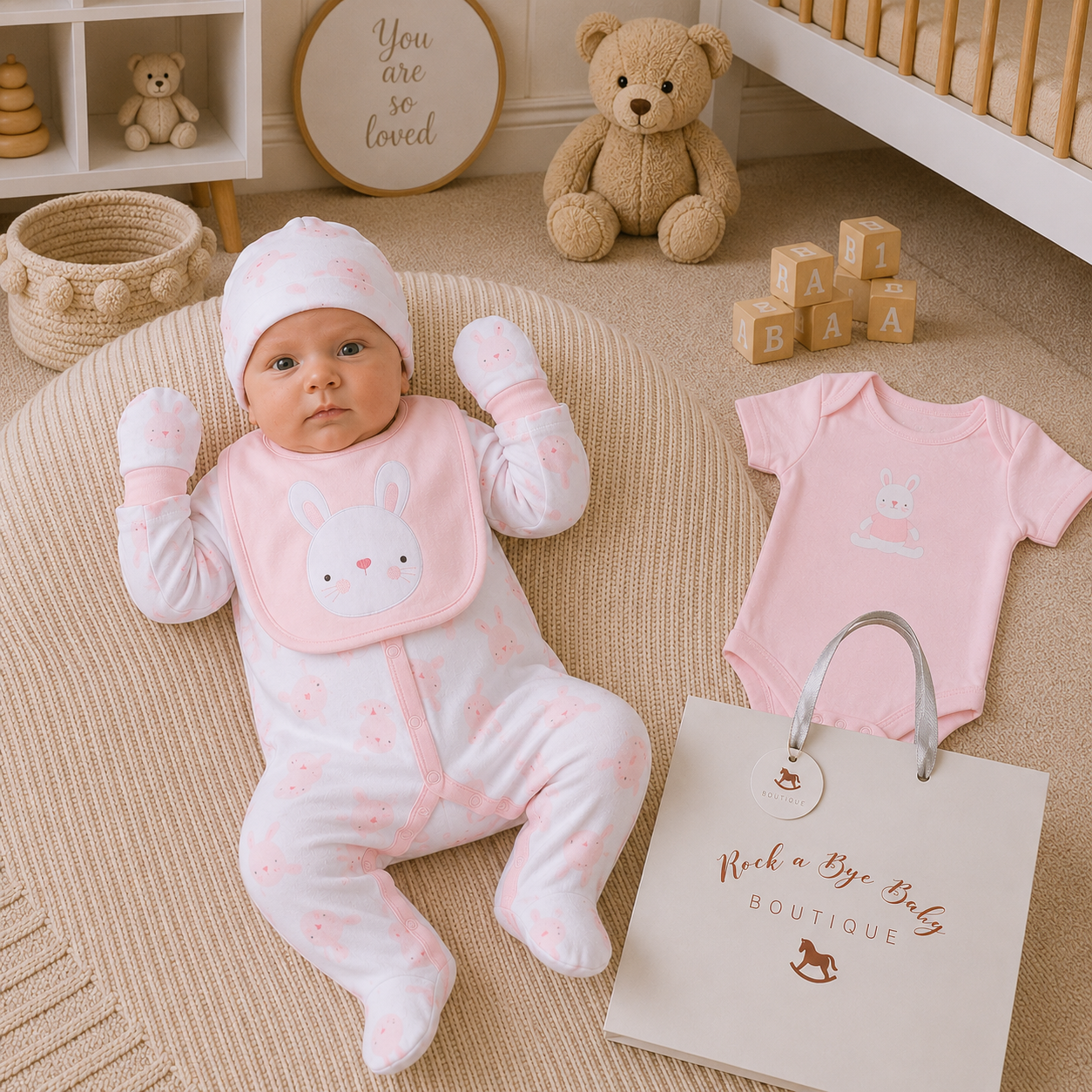 Baby in pink outfit with bunny design, surrounded by teddy bear, blocks, and 'Rock a Bye Baby Boutique' bag.