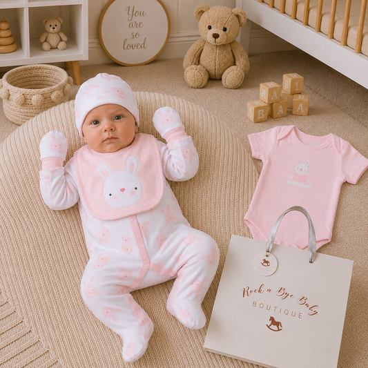 Baby in pink outfit with bunny design, surrounded by teddy bear, blocks, and 'Rock a Bye Baby Boutique' bag.