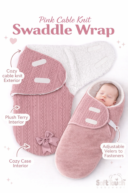 Pink cable knit swaddle wrap with baby illustration on a white background