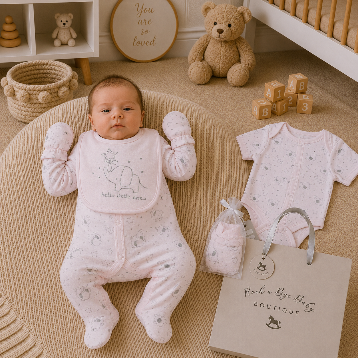 Newborn baby in a white outfit with teddy bears and baby items in a nursery.