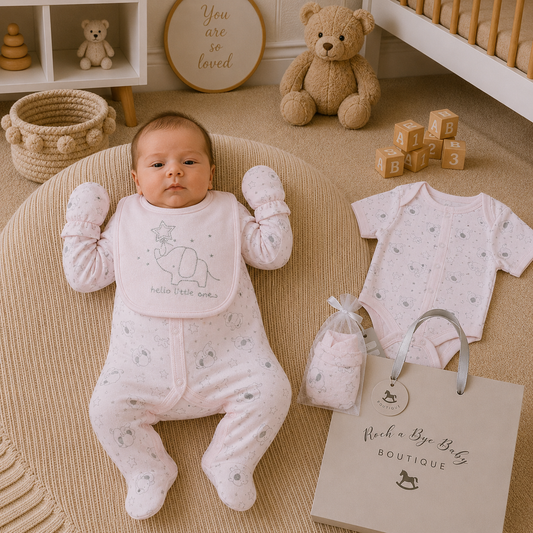Newborn baby in a white outfit with teddy bears and baby items in a nursery.