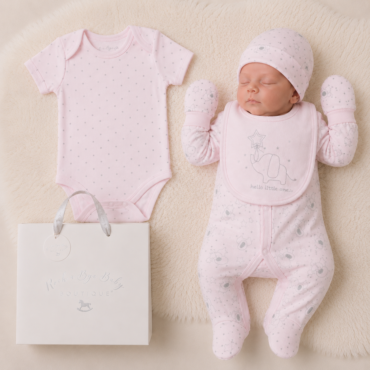 Newborn baby in pink babygro with matching outfit and gift bag on a beige background