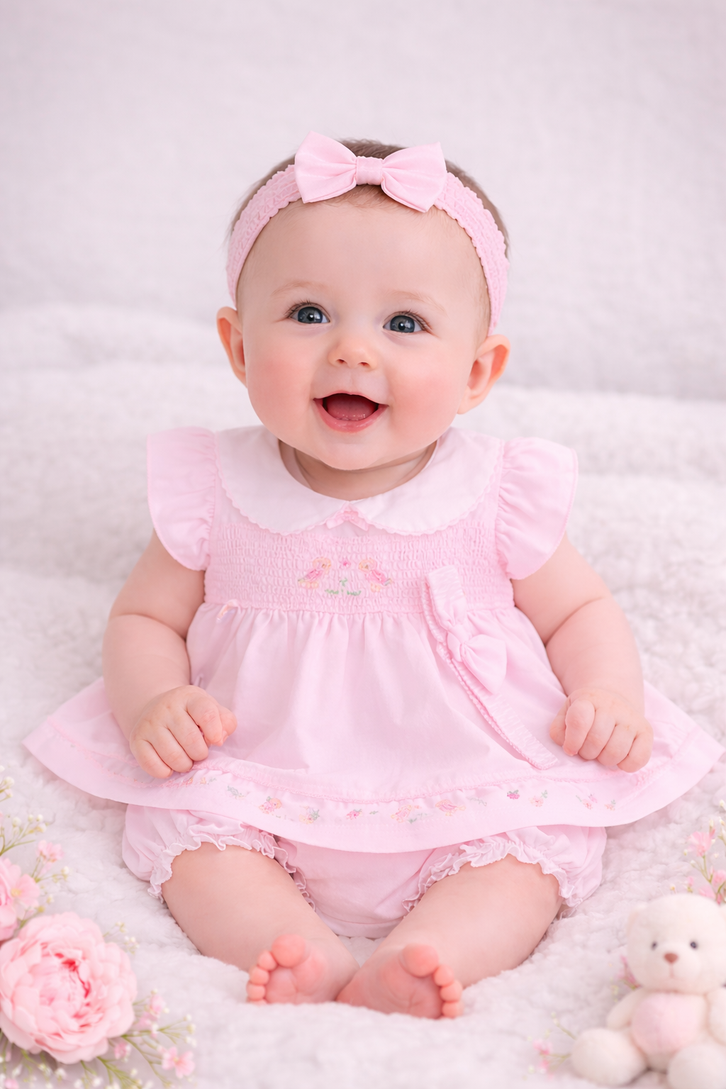 Baby in a pink dress with a bow headband sitting on a soft surface with flowers and a teddy bear.