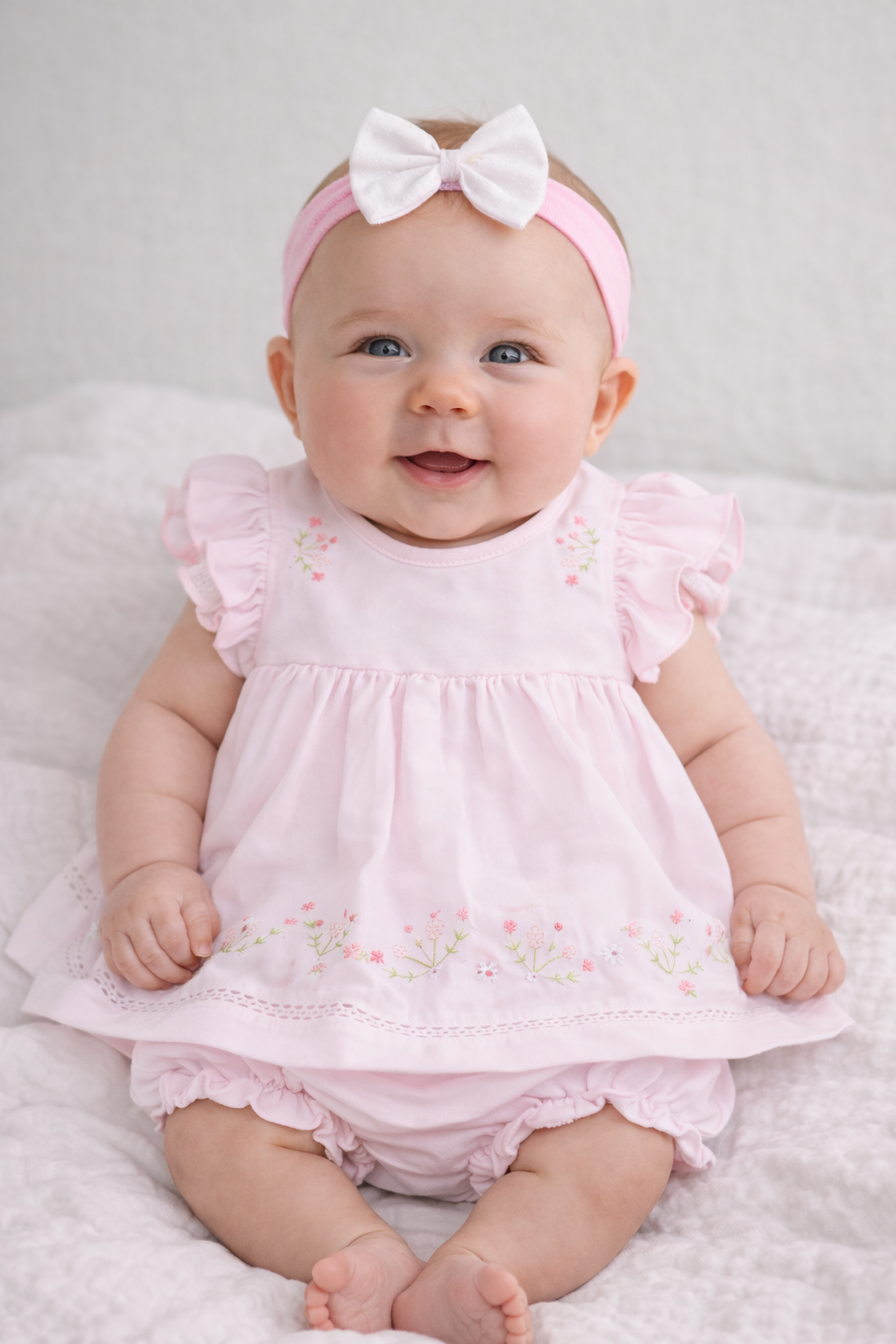 Pink Floral Embroidered Baby Dress Set with Frilly Pants & Headband