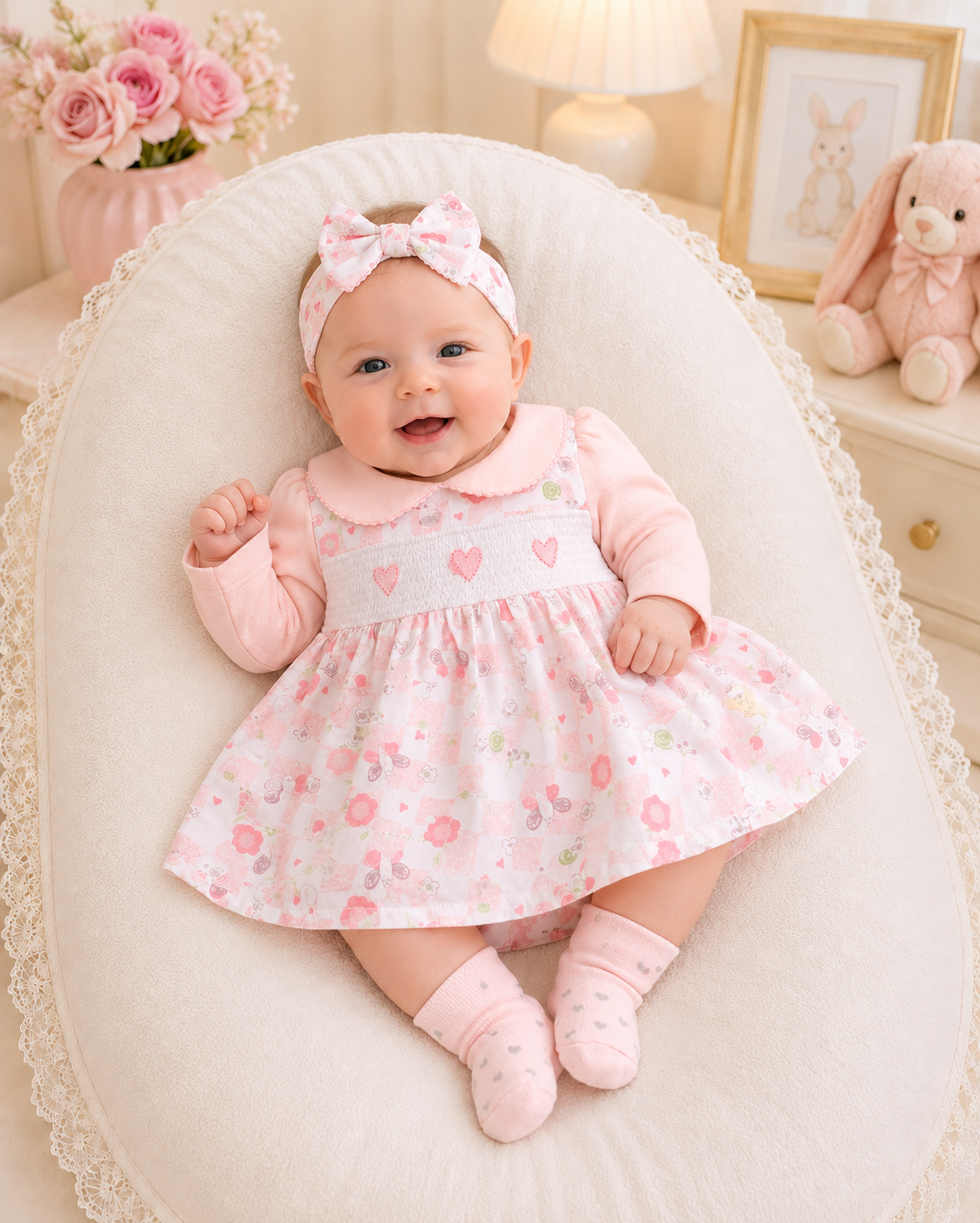Baby girl in a pink floral dress with a matching headband, sitting on a white cushion.