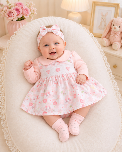 Baby girl in a pink floral dress with a matching headband, sitting on a white cushion.